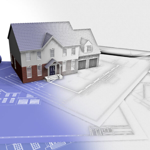 3D render of a house on blueprints with half in sketch phase 3D render of a house on blueprints with half in sketch phase