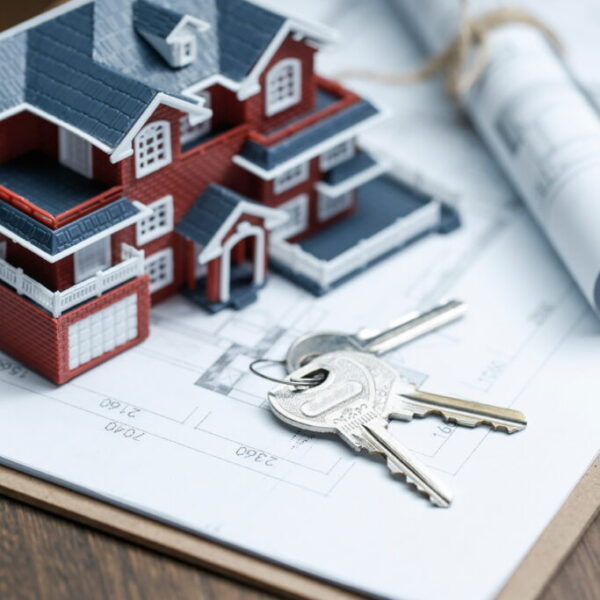 Villa house model, key and drawing on retro desktop (real estate sale concept) Villa house model, key and drawing on retro desktop (real estate sale concept)